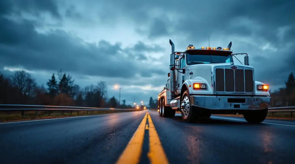 Ashwood Towing flatbed truck loading a car on a Kansas City street at night, emergency lights flashing, conveying reliable roadside assistance.