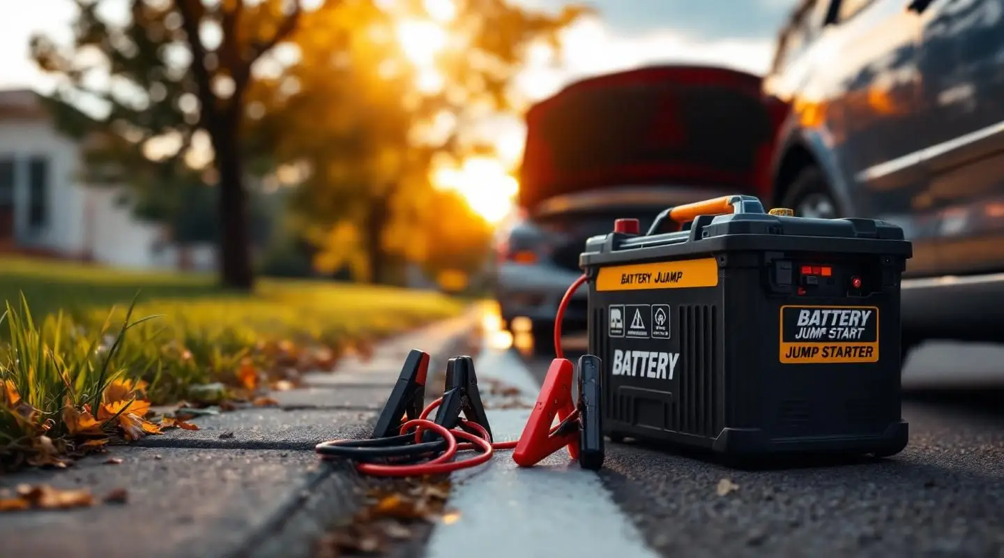 A Ashwood Towing technician using a professional booster pack to jump start a car in Kansas City, MO.