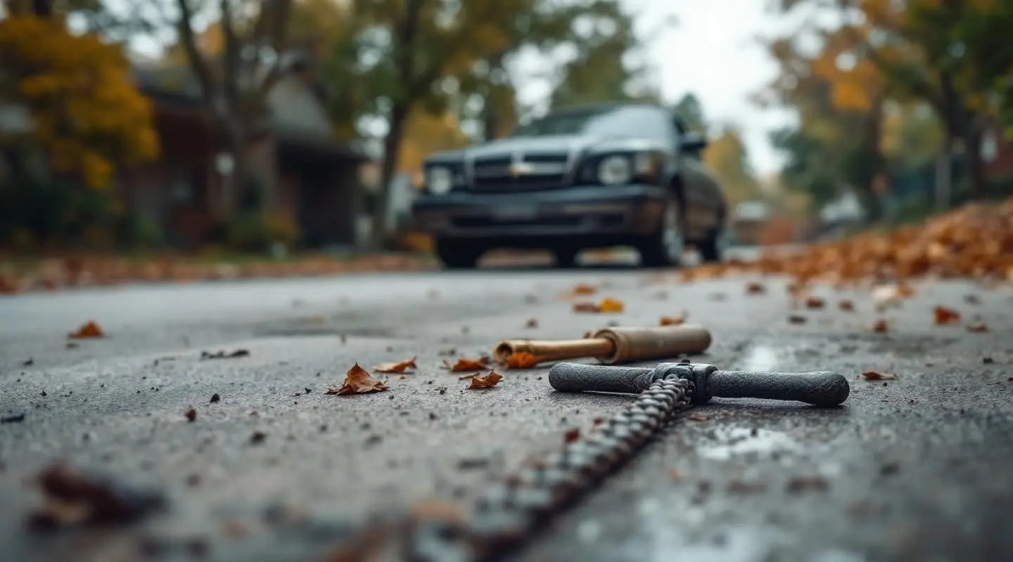 A Ashwood Towing flatbed truck operator securing a weathered, non-running car for removal on a Kansas City, MO residential street.