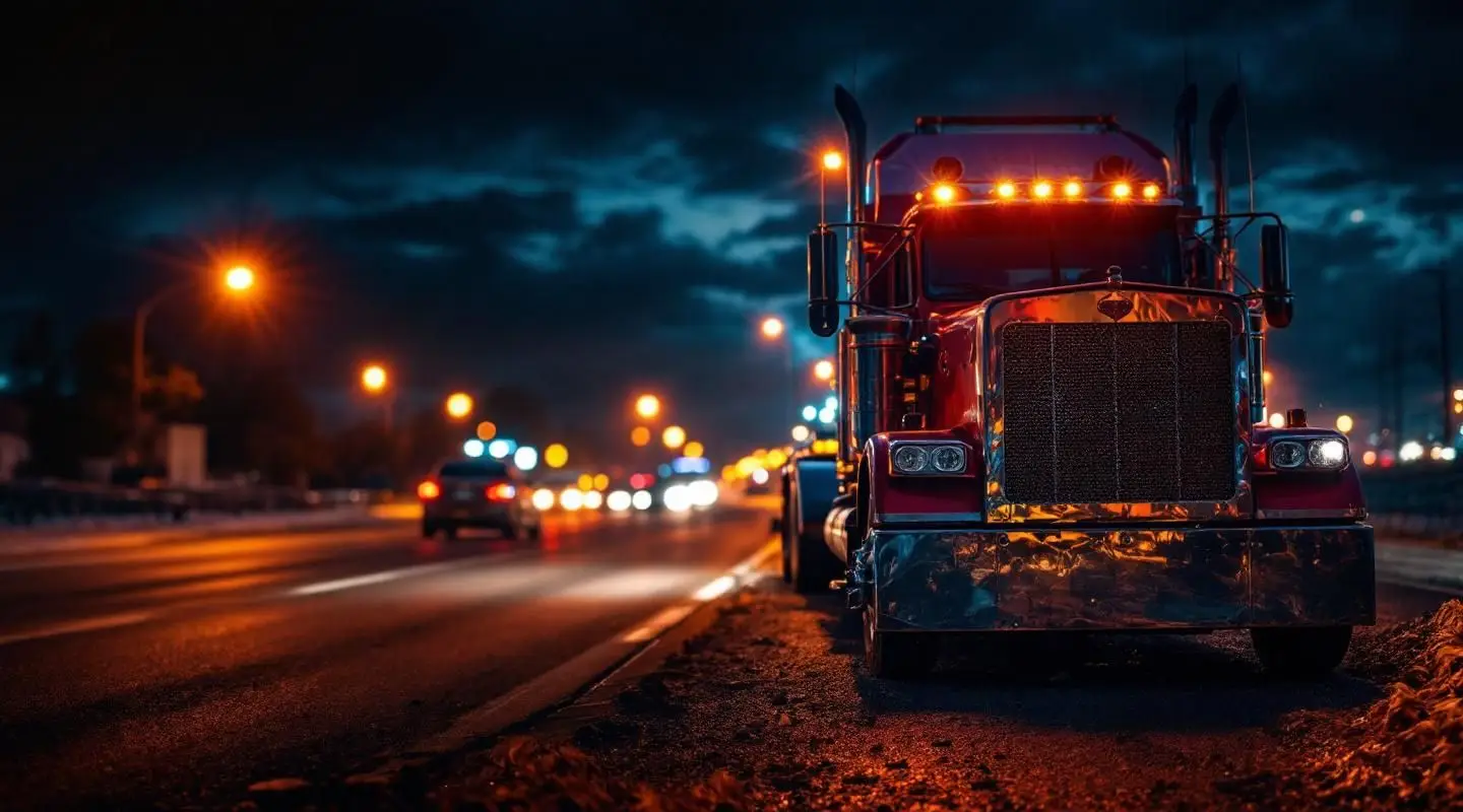 A Ashwood Towing flatbed truck with amber safety lights assisting a disabled vehicle on the Kansas City, MOway at night in Kansas City, MO.