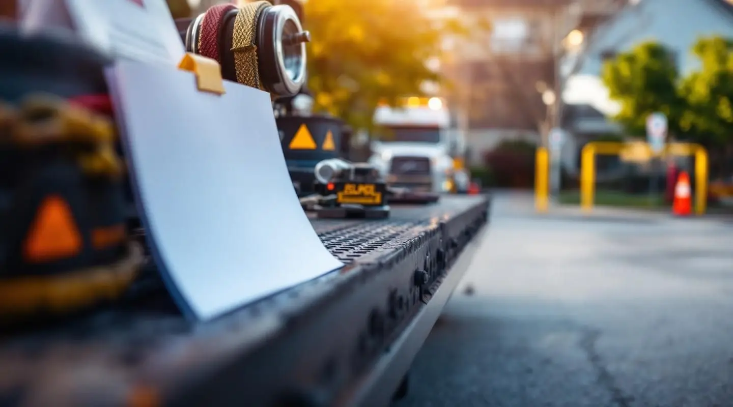 A professional Ashwood Towing flatbed truck clearing an illegally parked sedan from a marked private lot in Kansas City, MO.
