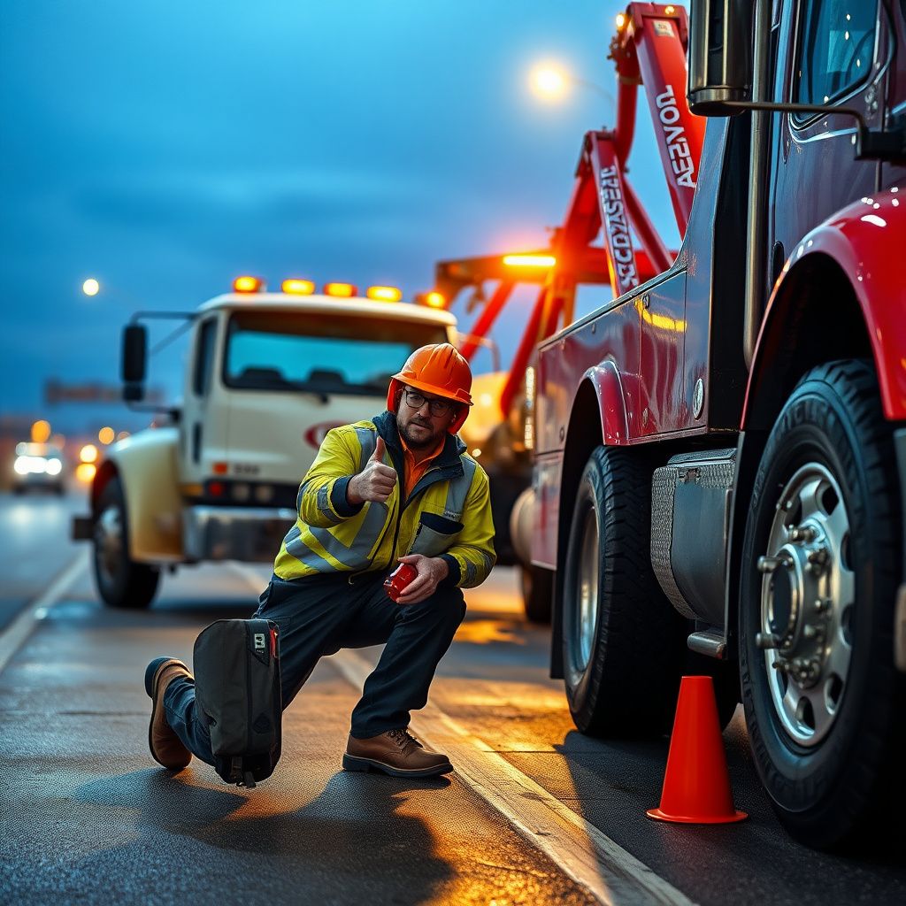 A Ashwood Towing tow truck driver assisting a motorist with a flat tire on a suburban street in Lenexa, Kansas.