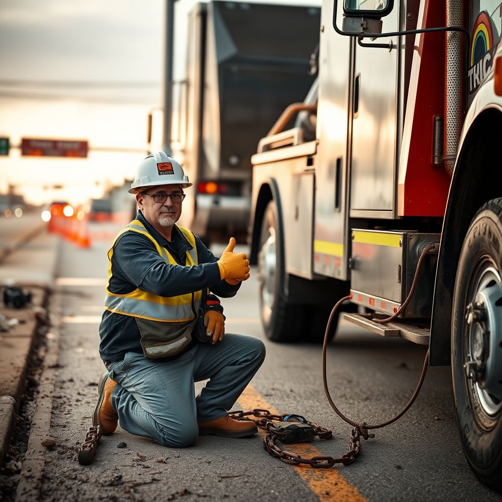 A Ashwood Towing operator giving a thumbs-up next to a modern tow truck in Grandview, Missouri, symbolizing reliable service.