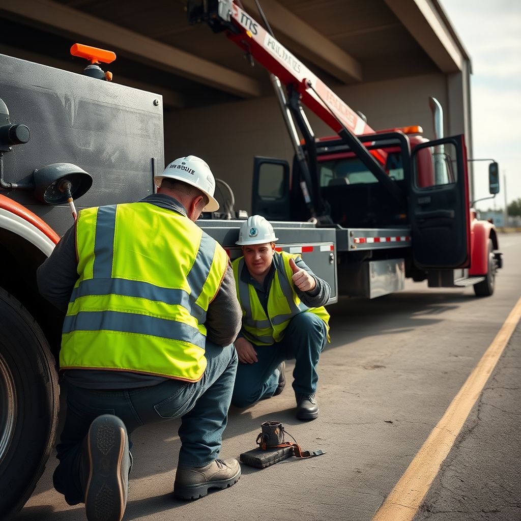 A Ashwood Towing technician in uniform, smiling and giving a thumbs up next to a tow truck on a sunny Olathe street.