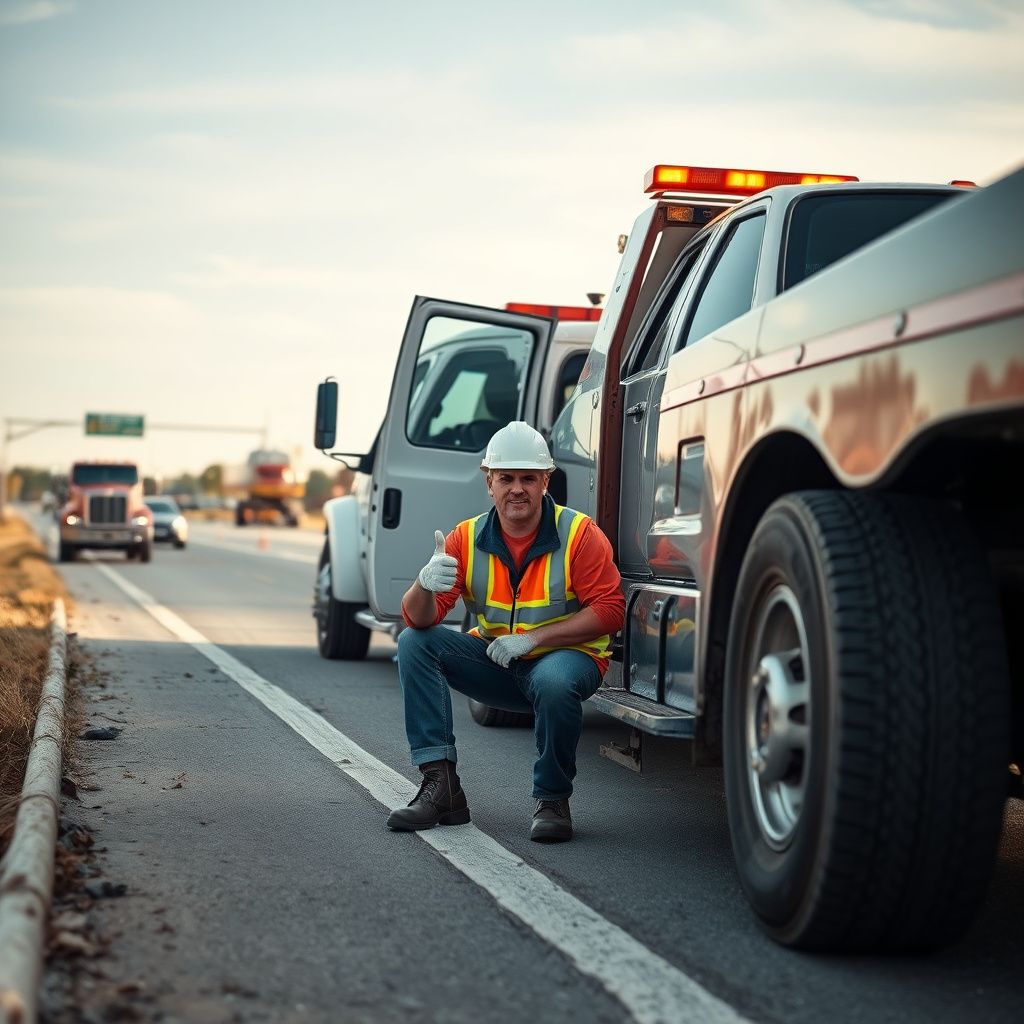 A Ashwood Towing operator safely connecting a car to a tow truck with professional equipment in Overland Park.