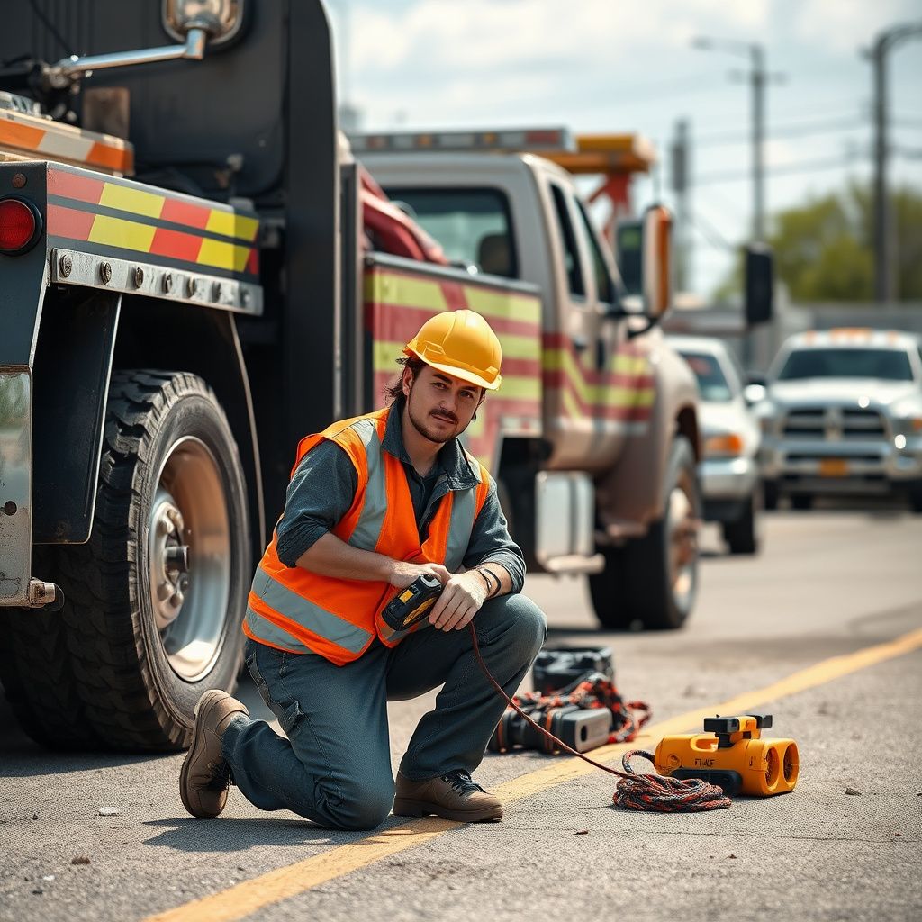 A Ashwood Towing technician in uniform smiling while standing next to a tow truck on a clear day in Independence, Missouri.