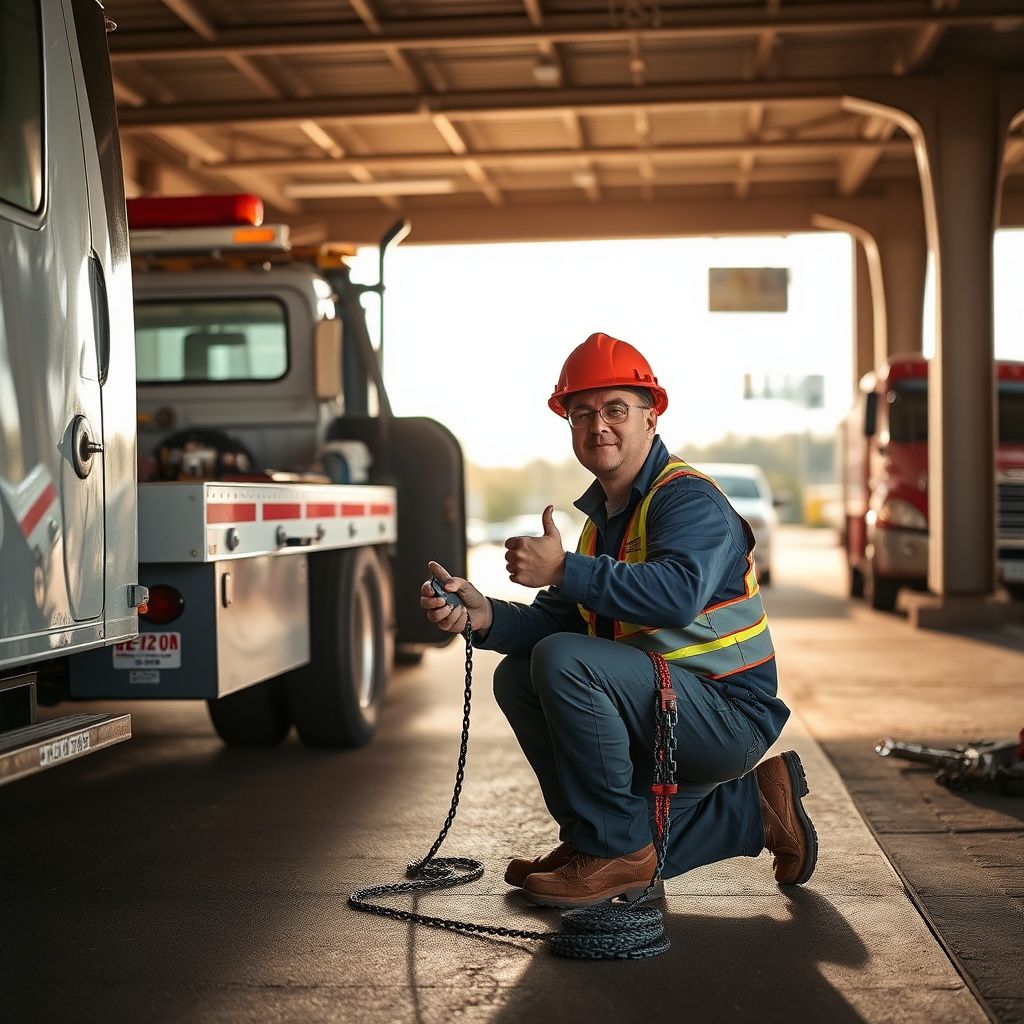A Ashwood Towing professional jump-starting a car battery on a residential street in Raytown, Missouri, with a friendly, reassuring demeanor.