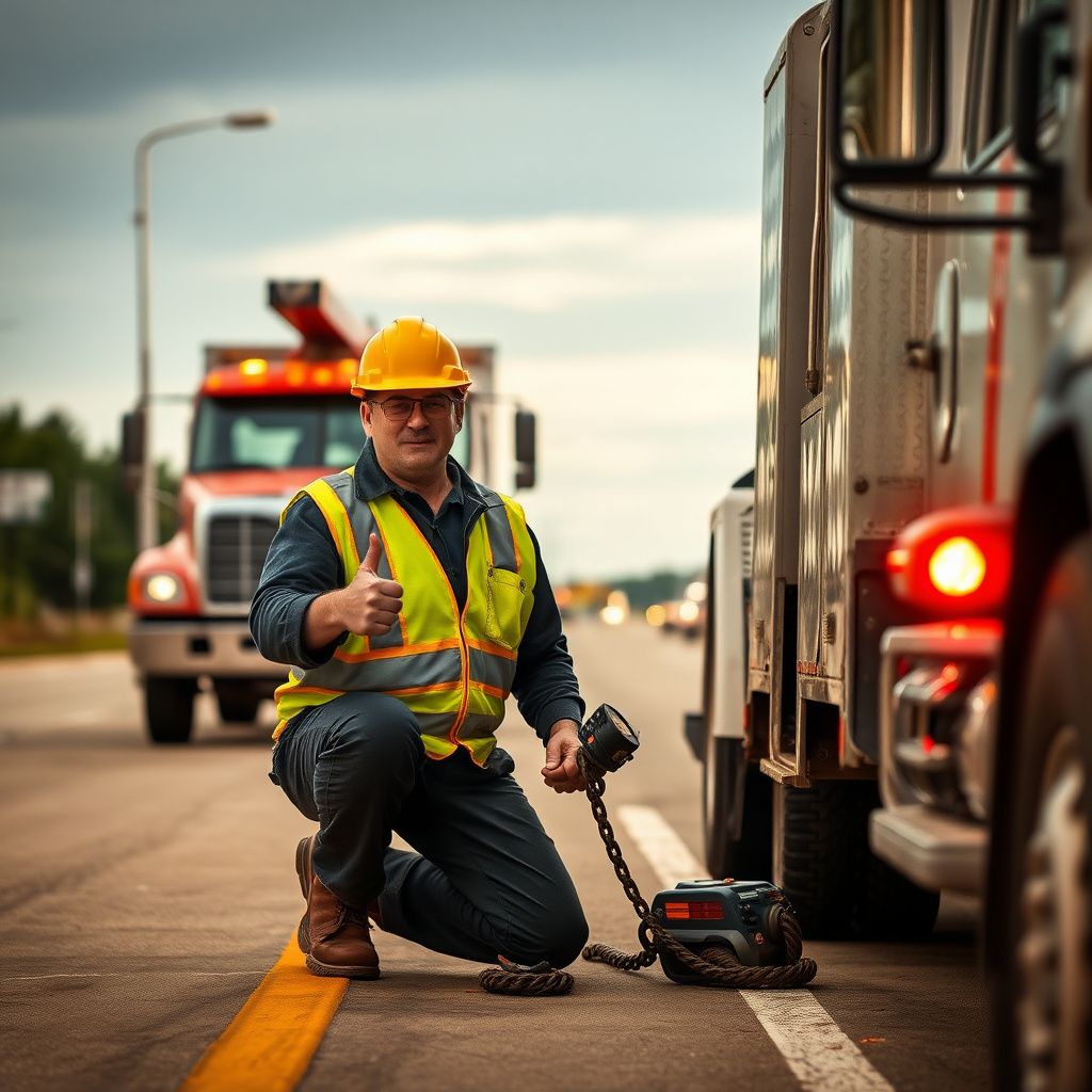 A professional tow truck operator smiling while securing a vehicle onto a flatbed in Liberty, Missouri, demonstrating reliable service.