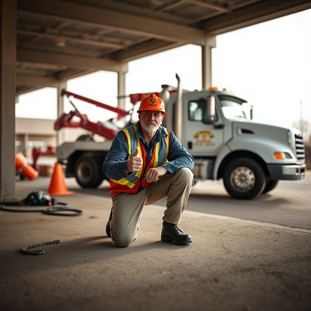 A professional tow truck operator from Ashwood Towing preparing a vehicle for flatbed towing on a Blue Springs, Missouri, street.